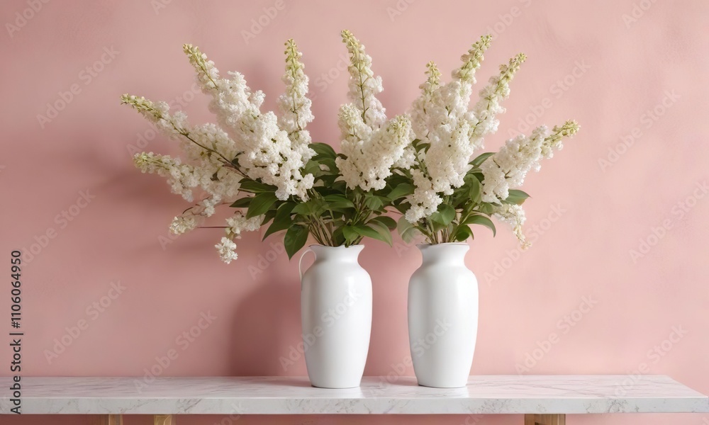 Fototapeta premium Elegant white lilacs in tall white vase on soft pink wall, stylish, floral decor