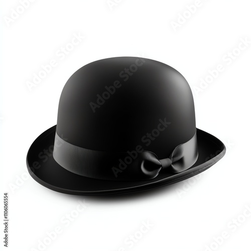 Elegant black bowler hat with a ribbon, white isolated background. photo