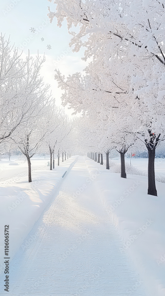 Fototapeta premium A tranquil pathway is surrounded by trees blanketed in snow, creating a peaceful winter atmosphere under soft sunlight