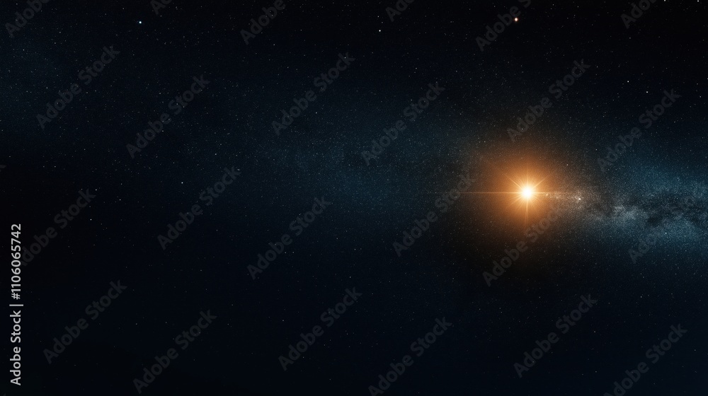 Bright glowing star with lens flare in a dense field of stars, depicting a galaxy in a dark blue night sky with visible Milky Way band. Bright glowing star with lens flare in a dense field of stars, depicting a galaxy in a dark blue night sky with visible Milky Way band.