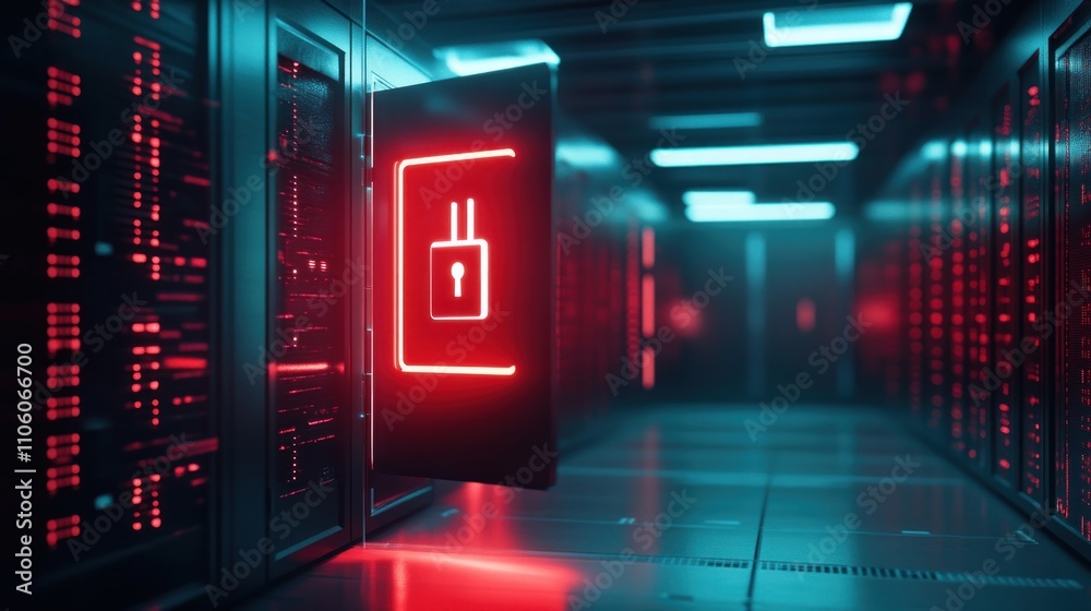 Cybersecurity: Data Center Server Room with Neon Lock Symbol