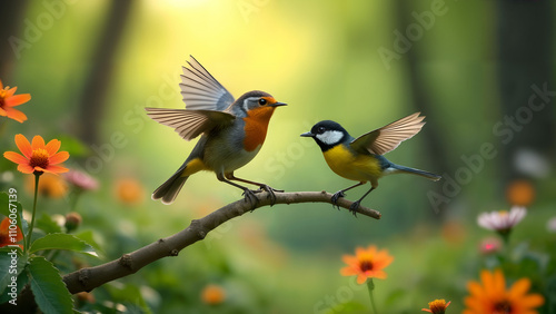 Robin and Great Tit in a Vibrant Forest