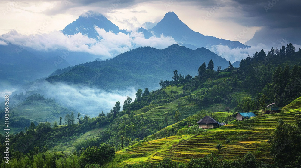 Obraz premium Misty mountains with lush green valleys and terraced rice paddies