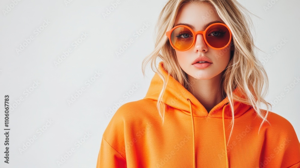 Orange Hoodie. Fashion Model in Trendy Orange Hoodie and Color Sunglasses Orange Hoodie. Fashion Model in Trendy Orange Hoodie and Color Sunglasses