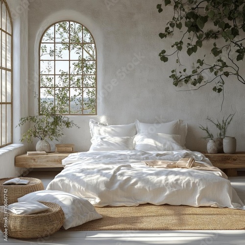 photostock of Home interior background  cozy white bedroom with bright furniture natural wooden tables  modern style  3d render   isolated on white background