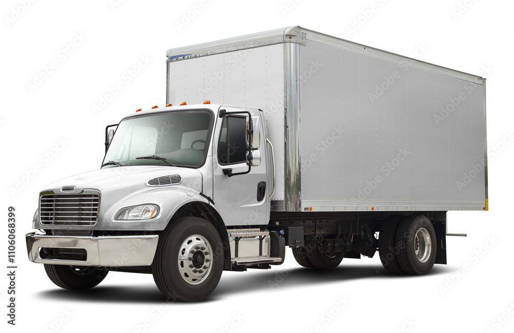 Modern american delivery truck with chrome elements in all white color. Front side view isolated on white background. Modern american delivery truck with chrome elements in all white color. Front side view isolated on white background.