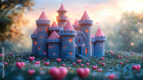 Whimsical castle surrounded by hearts and flowers during sunset in a magical landscape. Generative AI