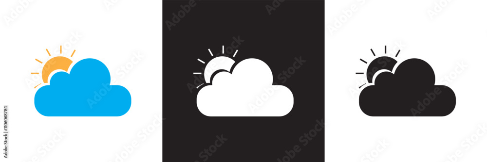 Obraz premium Sunny Cloud Icon. A bold icon depicting the sun behind a cloud, ideal for weather forecasts and digital designs. isolated on white and black background. Vector illustration. EPS 10