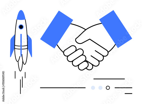 Handshake with blue sleeves next to a launching rocket. Ideal for business, partnerships, innovation, start-ups, growth, technology, and success themes. Line metaphor