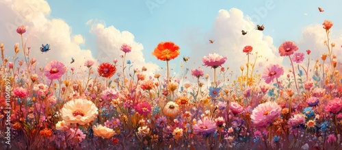 A vibrant field of colorful wildflowers with butterflies fluttering overhead against a blue sky with fluffy clouds.