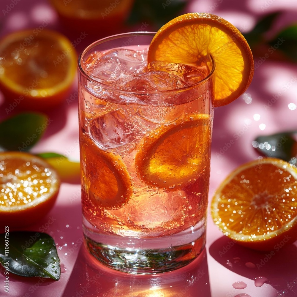 photostock of Glass of drink with orange on a pink background. Aesthetic long shadow glass summer concept. , isolated on white background photostock of Glass of drink with orange on a pink background. Aesthetic long shadow glass summer concept. , isolated on white background