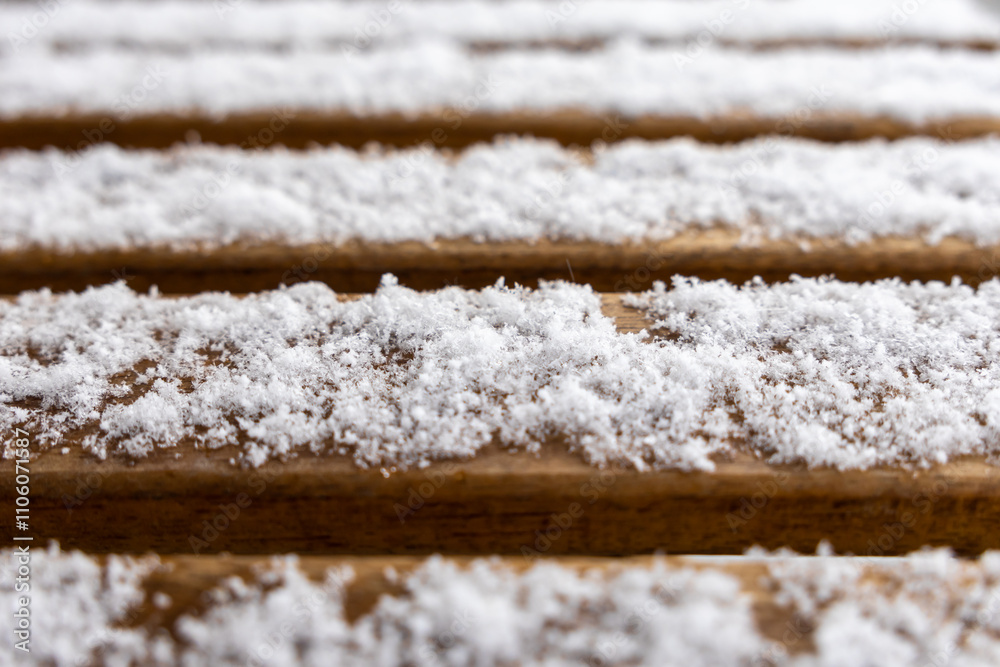 macro shot of snow on wooden planks, frosty details, winter texture, minimalistic design, close-up perspective, natural beauty, cold season atmosphere, outdoor scene macro shot of snow on wooden planks, frosty details, winter texture, minimalistic design, close-up perspective, natural beauty, cold season atmosphere, outdoor scene