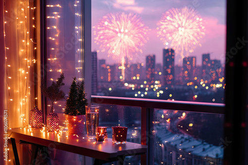 Aussicht von einem hochgelegenen Balkon auf ein Stadtfeuerwerk zum Neujahr. Festliche Dekorationen und Lichter schaffen eine gemütliche Atmosphäre, während das grandiose Feuerwerk den Abend erleuchtet