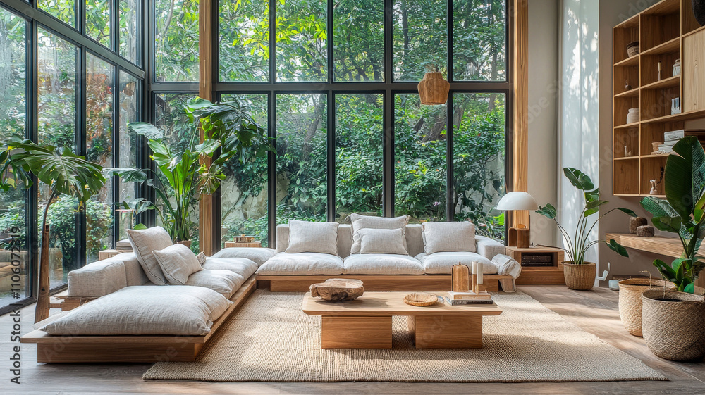 A cozy Scandinavian living room featuring minimalistic design with light wood furniture, soft pastel colors, and large windows that fill the space with natural light. A cozy Scandinavian living room featuring minimalistic design with light wood furniture, soft pastel colors, and large windows that fill the space with natural light.