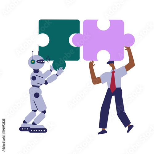 Man and AI robot connects puzzle together. Human and AI Artificial Intelligence working together. Partnership with a robot concept. Flat cartoon vector illustration.