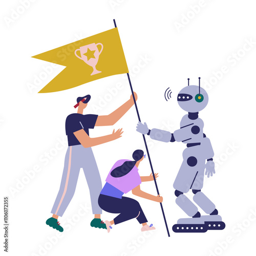 Teamwork with AI robot. Partnership with a robot concept. Achieving the goal with a robot AI and flag as a symbol of success and heights. Flat cartoon vector illustration.