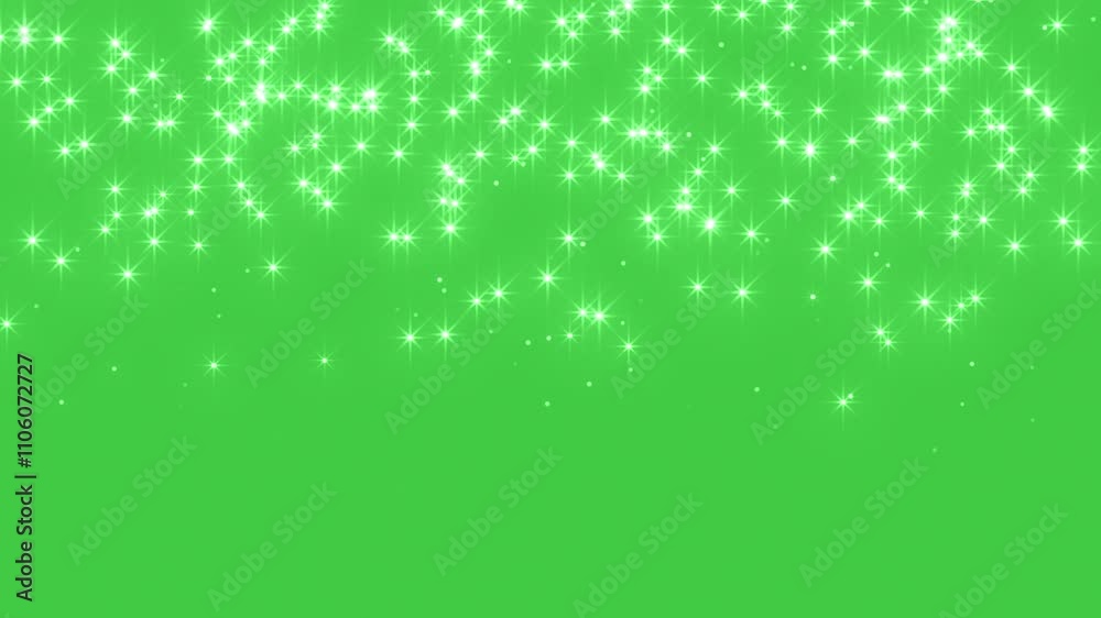 Abstract glowing particles of falling shiny fairy twinkling stars and glitter. Magic shiny sparkle rain. Chroma key - Green screen. Background for holidays, New Year and Christmas. seamless loop