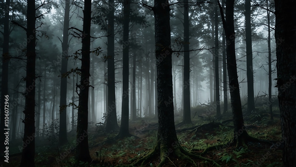 Fog and shadows in a scary forest. Fog and shadows in a scary forest.