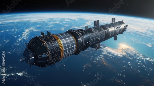 A futuristic space station orbiting Earth, showcasing advanced technology and exploration.