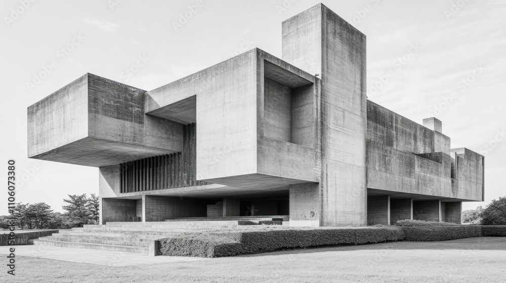 Dramatic depiction of a Neo Brutalist building showcasing bold concrete forms and functional design Dramatic depiction of a Neo Brutalist building showcasing bold concrete forms and functional design