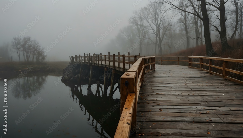 Obraz premium Foggy bridge with a wooden railing.