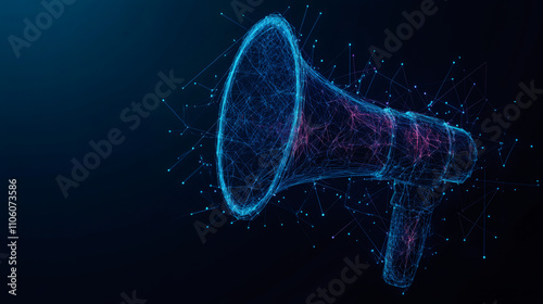 Digital communication and announcement symbolized by plexus lines and dots forming a megaphone shape