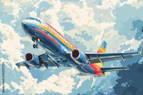 Vibrant cartoon airplane soaring through a colorful sky photo