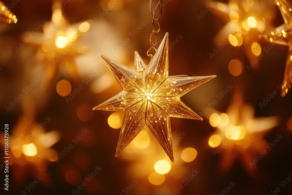 Gold star hanging from string, against blue sky. Gold star hanging from string, against blue sky.