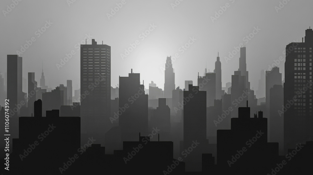 Naklejka premium Monochrome skyline at twilight featuring neo-brutalist architecture and light play