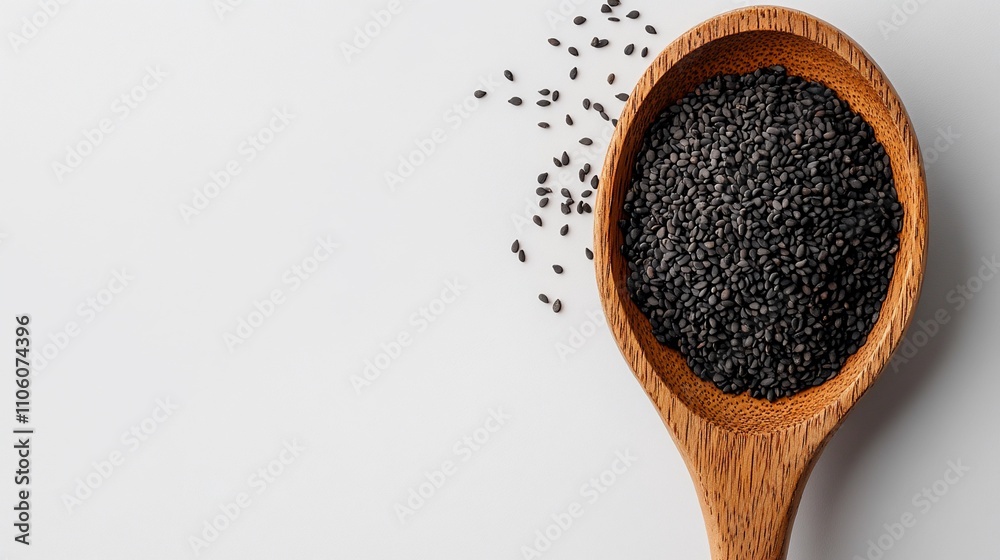 Wooden spoon filled with black sesame seeds on white background. Wooden spoon filled with black sesame seeds on white background.