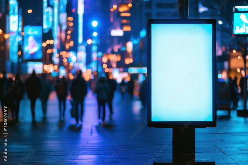 Blank advertising screen display in a city street with blurred commuters passing, used for mockups and designs. Blank advertising screen display in a city street with blurred commuters passing, used for mockups and designs.