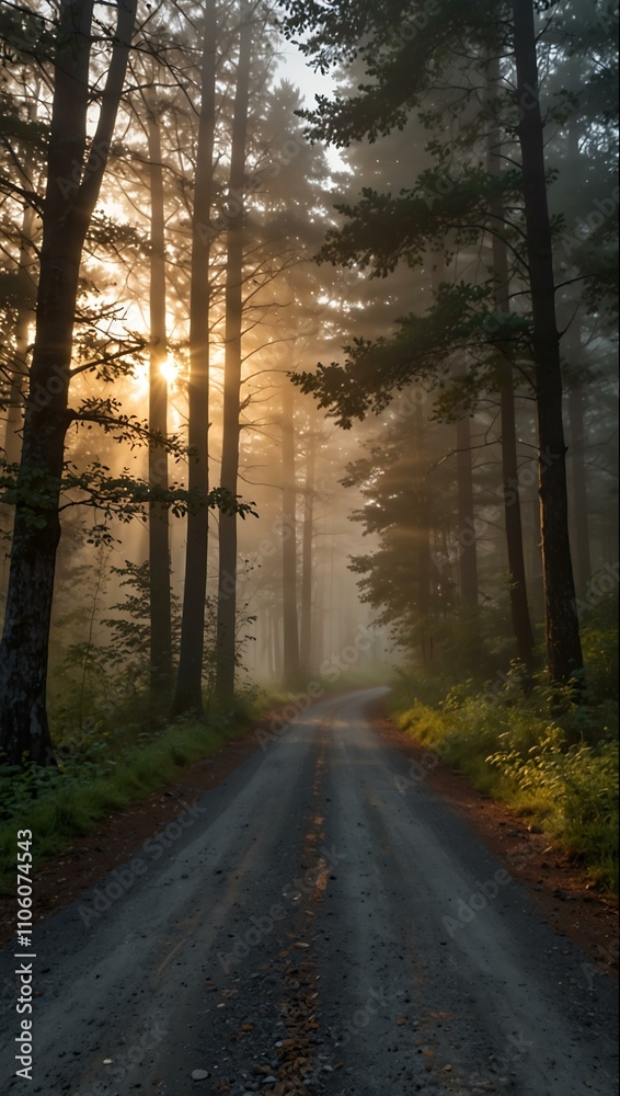 Fototapeta premium Foggy road through a forest at sunrise.