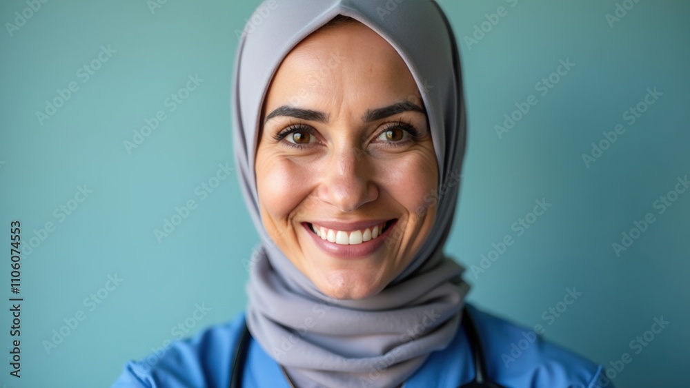 A joyful healthcare worker in a blue uniform and hijab smiles warmly, showcasing her dedication to supporting patients. The calm blue backdrop enhances her friendly demeanor A joyful healthcare worker in a blue uniform and hijab smiles warmly, showcasing her dedication to supporting patients. The calm blue backdrop enhances her friendly demeanor
