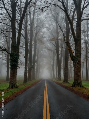 Foggy road lined with trees.