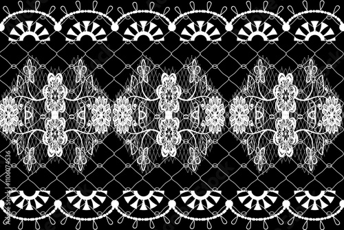 Seamless white lace pattern. Black background, illustration, vector, curtain, fashion clothing.lace pattern