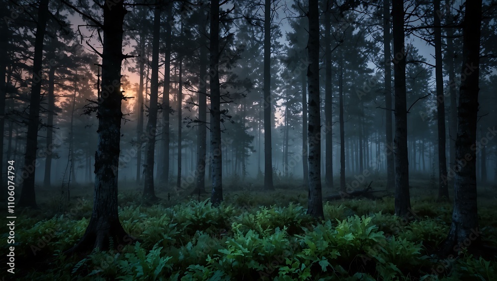 Obraz premium Foggy twilight forest with a moonlit glow.
