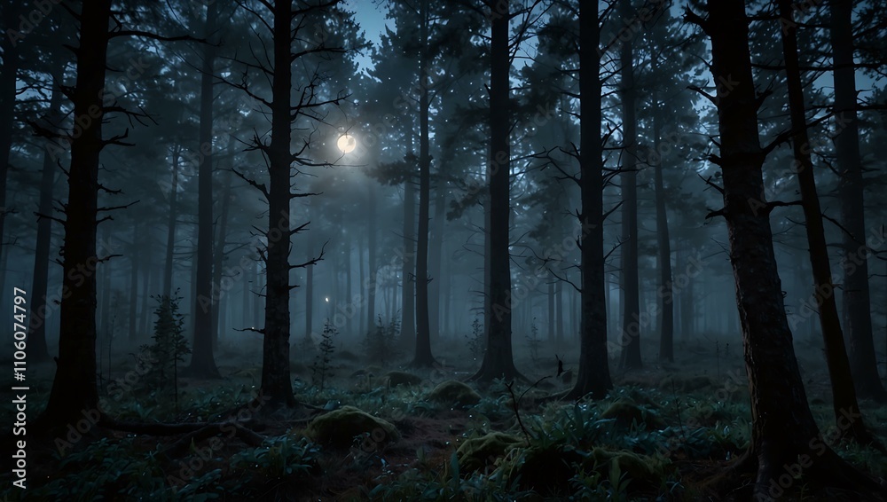 Obraz premium Foggy twilight forest with a moonlit glow.