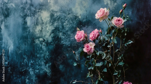 Faded pink roses in shadow against a dark velvety background evoke a sense of lost beauty