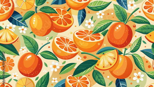 Trendy summer seamless pattern featuring vibrant oranges and green leaves in a colorful landscape design
