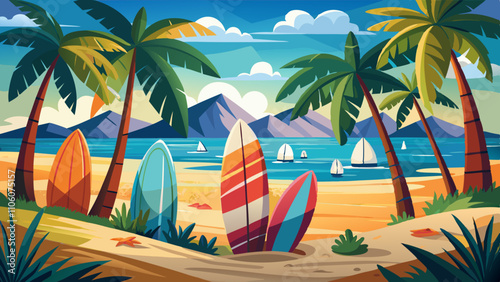 Surfboards lined up on a sunny beach with palm trees and distant mountains under a bright blue sky