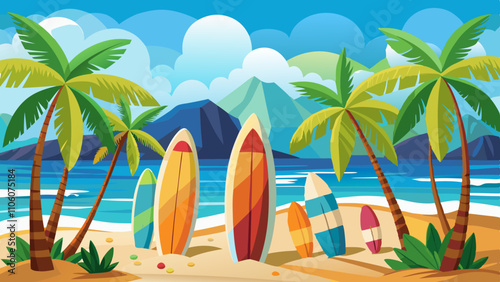 Colorful surfboards under sunny skies with palm trees on a tropical beach landscape