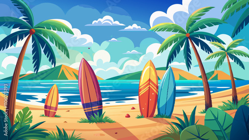 Colorful surfboards lined on a sandy beach with palm trees and a tranquil ocean view during a sunny day