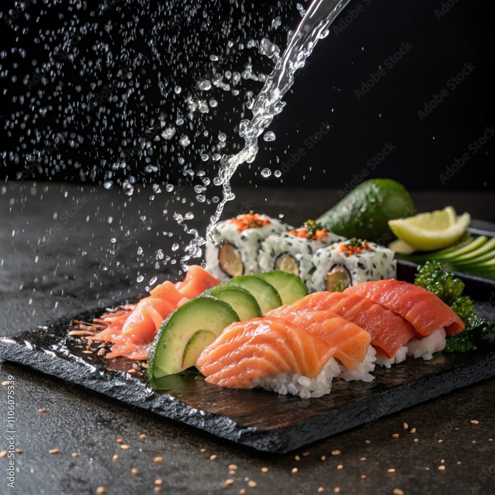 A dynamic image of fresh sushi being splashed with water. The vibrant colors of the sushi and the energy of the water. A dynamic image of fresh sushi being splashed with water. The vibrant colors of the sushi and the energy of the water.