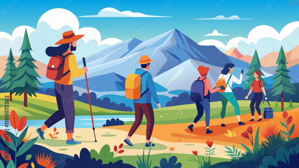 Fototapeta premium Tourists exploring a vibrant landscape while hiking in the mountains with friends and enjoying nature's beauty