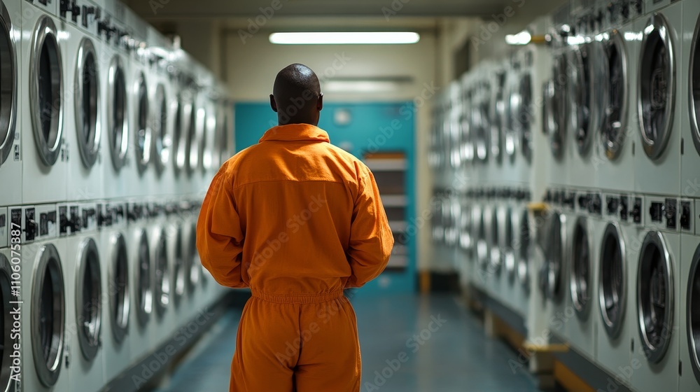 A prisoner wearing an orange jumpsuit stands in a prison laundry room, surrounded by rows of industrial washing machines.
A prisoner wearing an orange jumpsuit stands in a prison laundry room, surrounded by rows of industrial washing machines.
