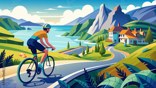 Cyclist navigates winding road through a vibrant landscape by the coast on a sunny day