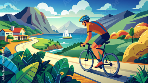 Cyclist enjoying a scenic ride alongside a beautiful coastal landscape during a sunny day
