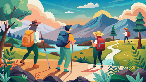 Travelers explore a vibrant landscape while hiking in the mountains during a sunny day