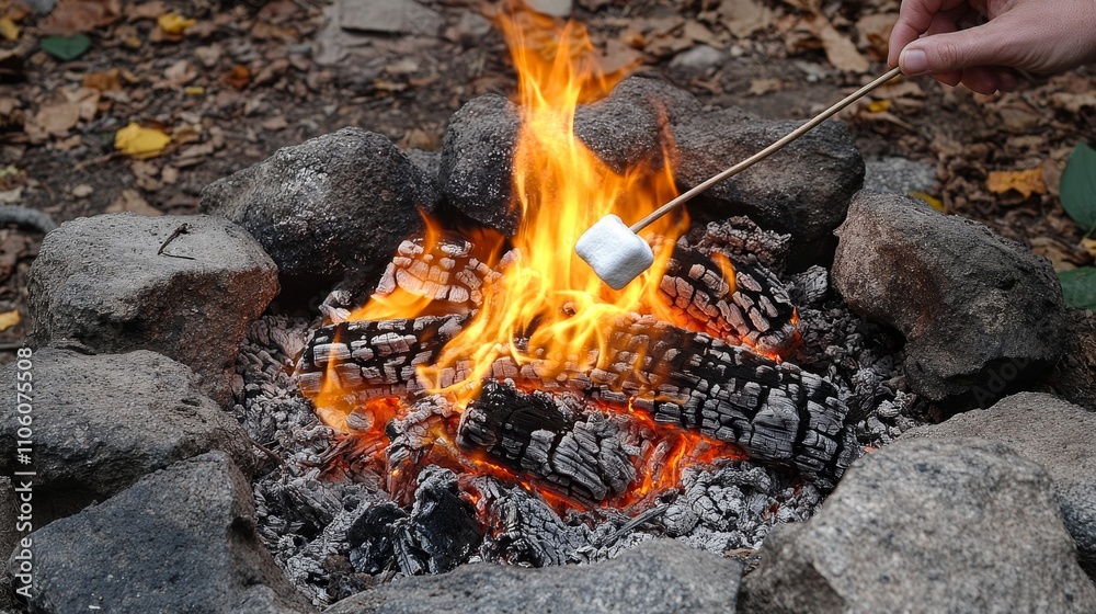 A person roasting a marshmallow over a campfire in a serene outdoor setting. A person roasting a marshmallow over a campfire in a serene outdoor setting.