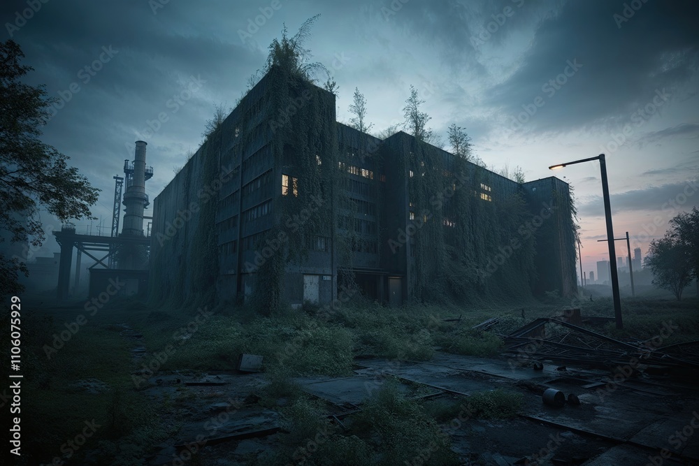 Post-Industrial Urban Landscape Overrun by Nature in Evening Stillness Post-Industrial Urban Landscape Overrun by Nature in Evening Stillness